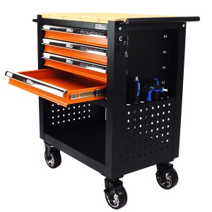 Oranger TRUTZHOLM Werkstattwagen mit 4 Schubladen, Hartholz-Arbeitsplatte und Rollen.