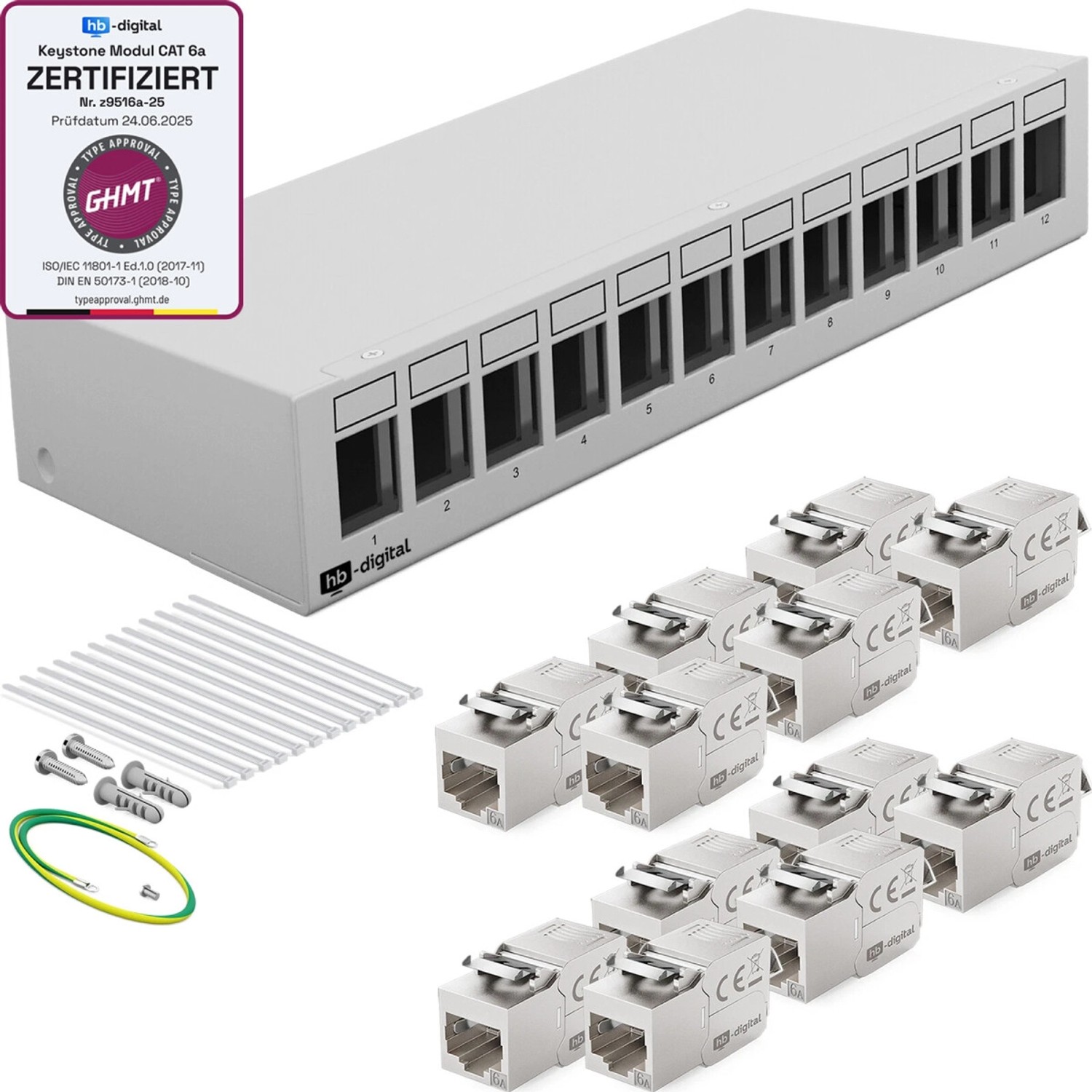 Thumbnail - hb-digital Patchpanel 12 Port mit 12x Keystone Module Cat 6a Hellgrau