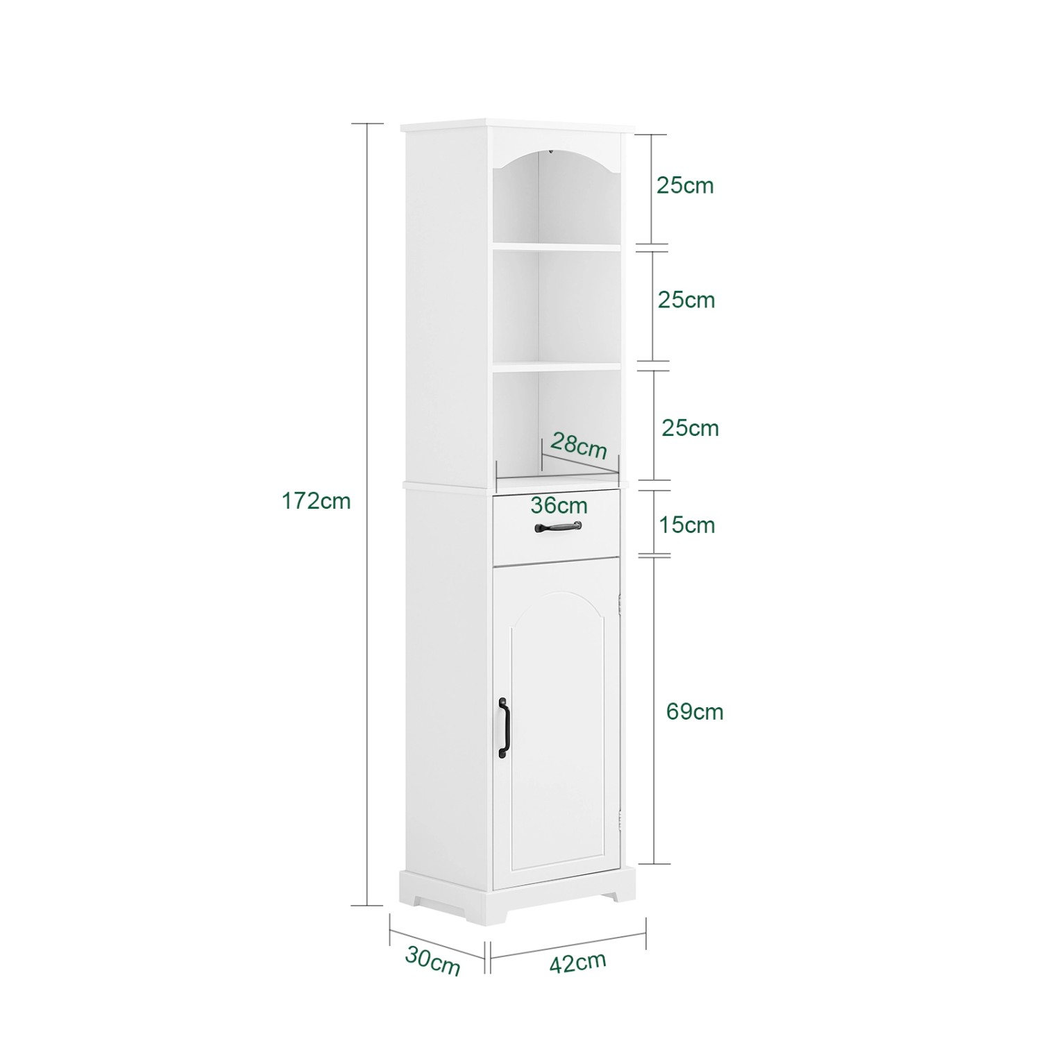 Weißer SoBuy Badezimmerschrank Hochschrank BZR206-W mit Schublade, Tür und offenen Regalfächern.