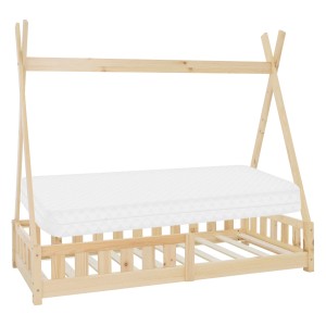 Naturfarbenes ML-Design Kinderbett Tipi 80x160 cm mit Matratze und Rausfallschutz aus Holz.