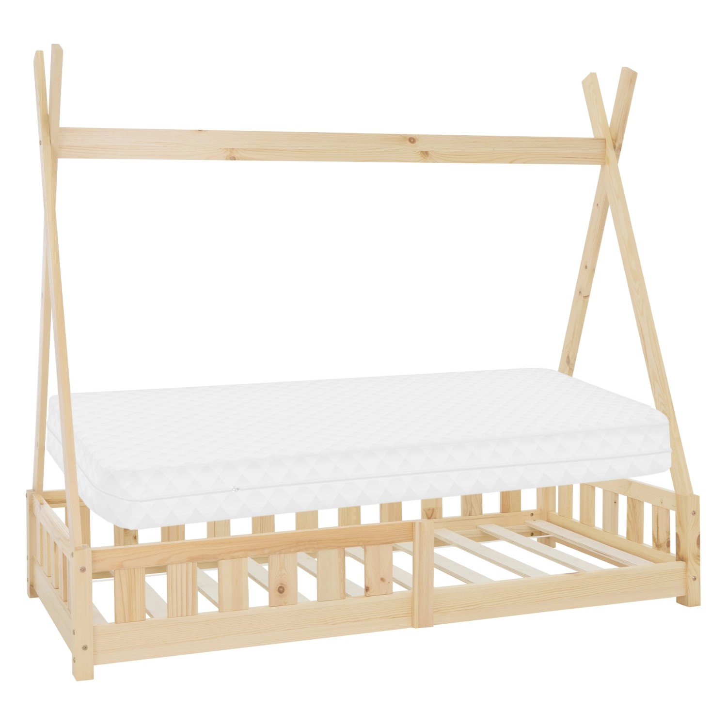ML-Design Kinderbett Tipi 80x160 cm Natur mit Matratze Rausfallschutzt aus Holz