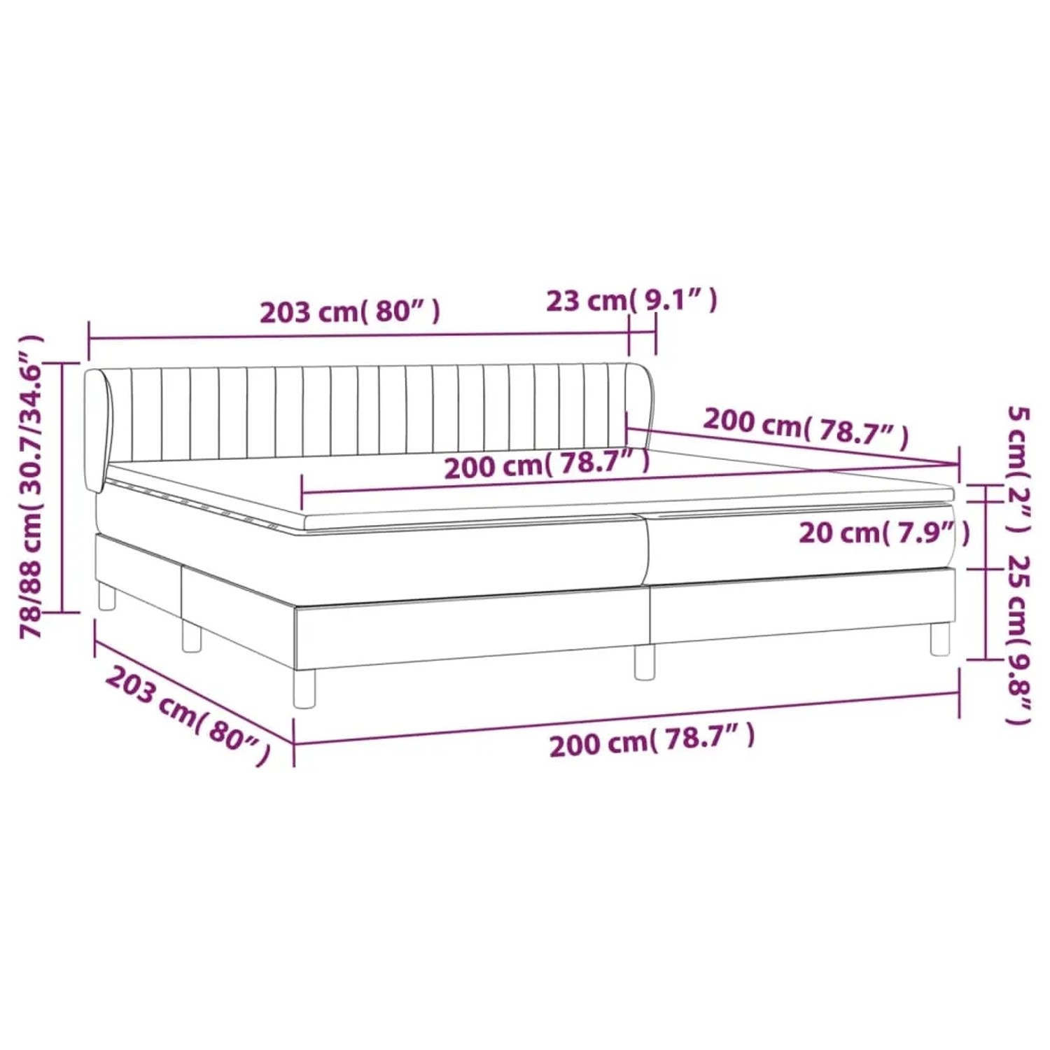 vidaXL Boxspringbett dunkelbraun 200x200 cm mit Maßangaben.