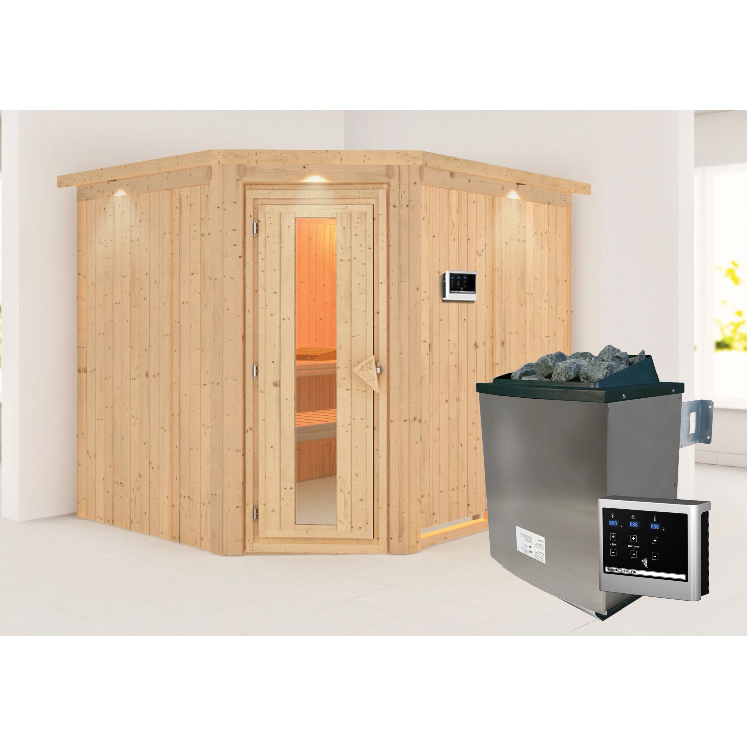 Karibu Sauna mit Ofen m. mit Ofen externe Stg.LED-Dachkranz Natur günstig online kaufen