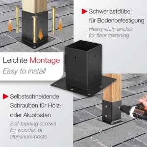 SOTECH Bodenanker 90x90mm aus schwarzem, pulverbeschichtetem Stahl für Holzpfosten. Zeigt einfache Montage mit Schrauben und Dübeln.