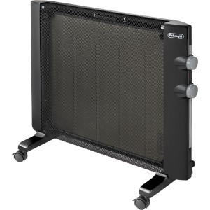 Schwarze DeLonghi Wärmewelle HMP 1500 mit Kippschutz und Rollen, ein elektrisches Heizgerät.