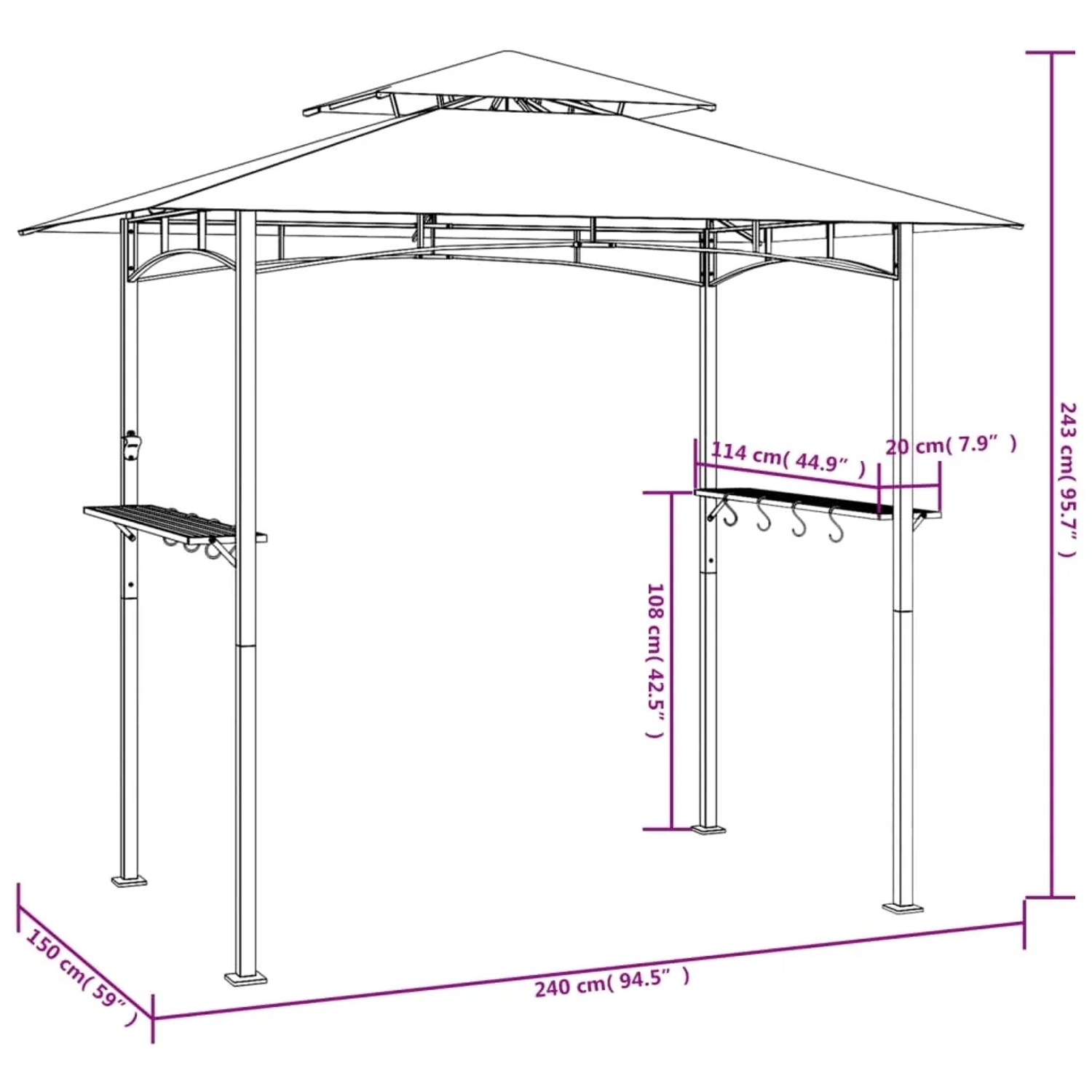 vidaXL Grillpavillon Anthrazit, 240x150x243 cm, Stahlrahmen mit Seitenregalen und Doppeldach.