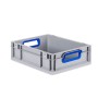Graue PROREGAL Eurobox mit blauen Griffen, 12x30x40 cm, ideal zur Aufbewahrung und Lagerung.