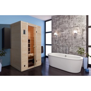 Weka Infrarotkabine Vaala 2 mit Linienstrahlern im Badezimmer mit Badewanne.
