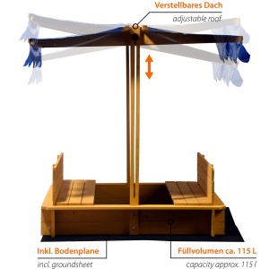 Dobar Sandkasten mit Dach, 112x112 cm, aus FSC-Holz, mit verstellbarem Sonnenschutz und Bodenplane.