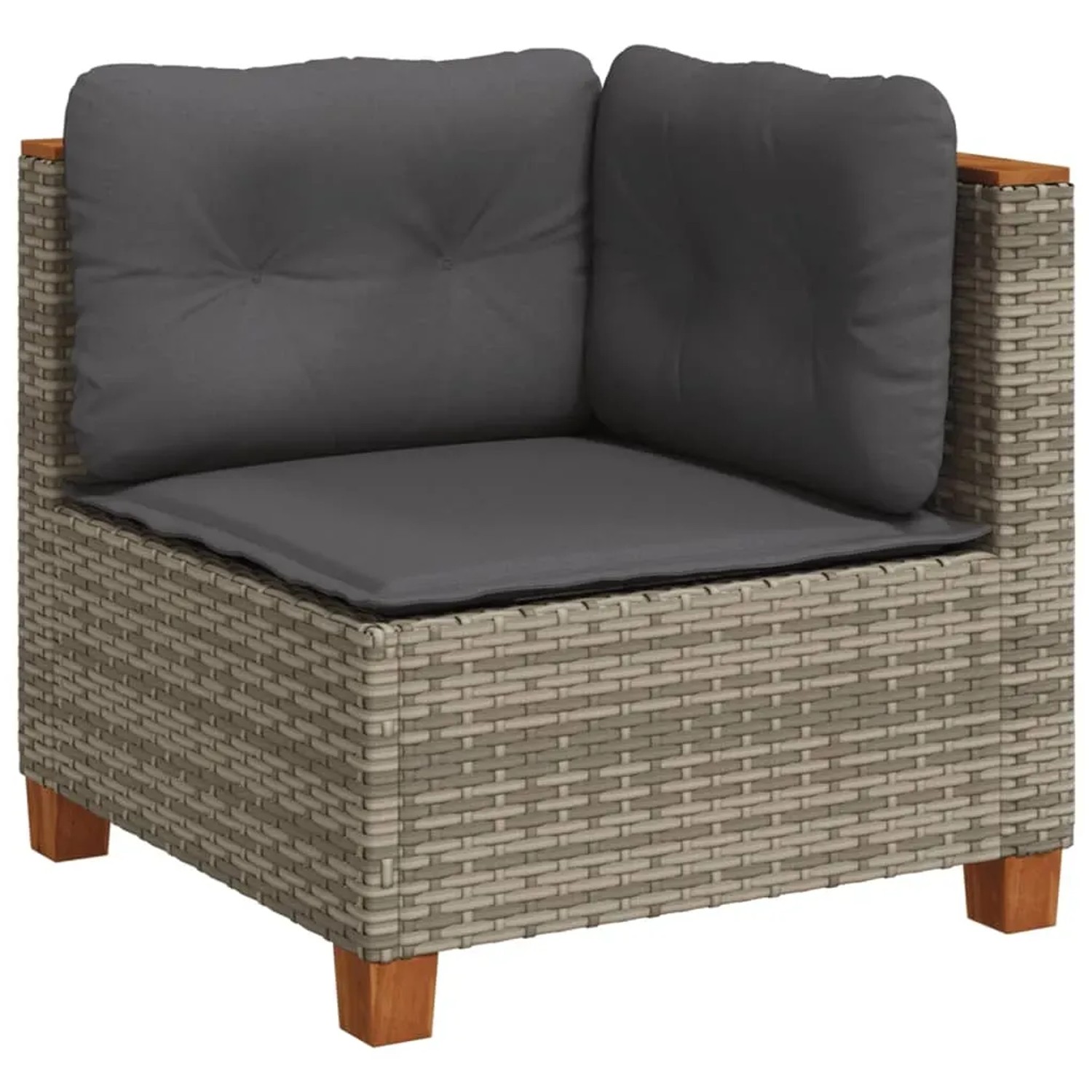 Graues vidaXL Garten-Ecksofa aus Polyrattan mit dunklen Kissen, Teil einer Sofagarnitur.