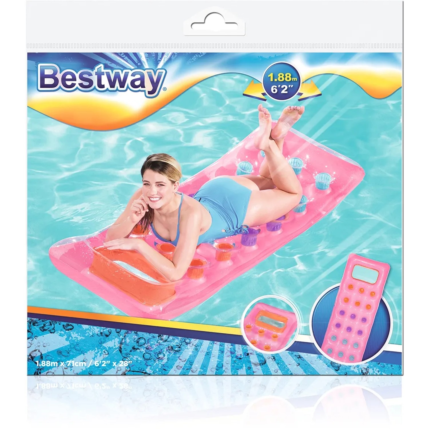 Bestway Luftmatratze (177x63x16 cm) in Rosa, Blau & Transparent mit Fenster und Getränkehalter.