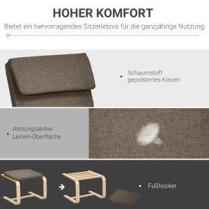 Detailansicht HOMCOM Relaxstuhl mit Fußhocker: Leinenoberfläche, Polsterung und Fußhocker-Montage.
