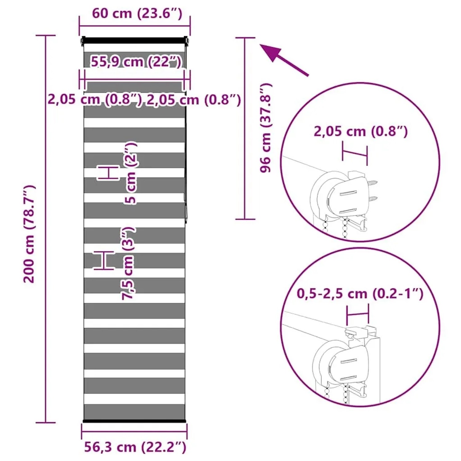 Technisches Diagramm des braunen vidaXL Doppelrollo 60x200 cm mit Zebra-Design, Maßen und Montageoptionen.