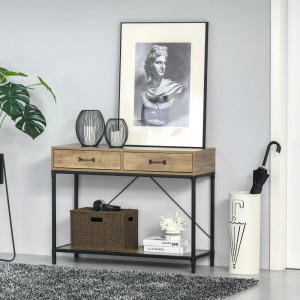 HOMCOM Konsolentisch braun, Industrie-Design, mit 2 Schubladen und Ablage aus Spanplatte und Metall im Flur.