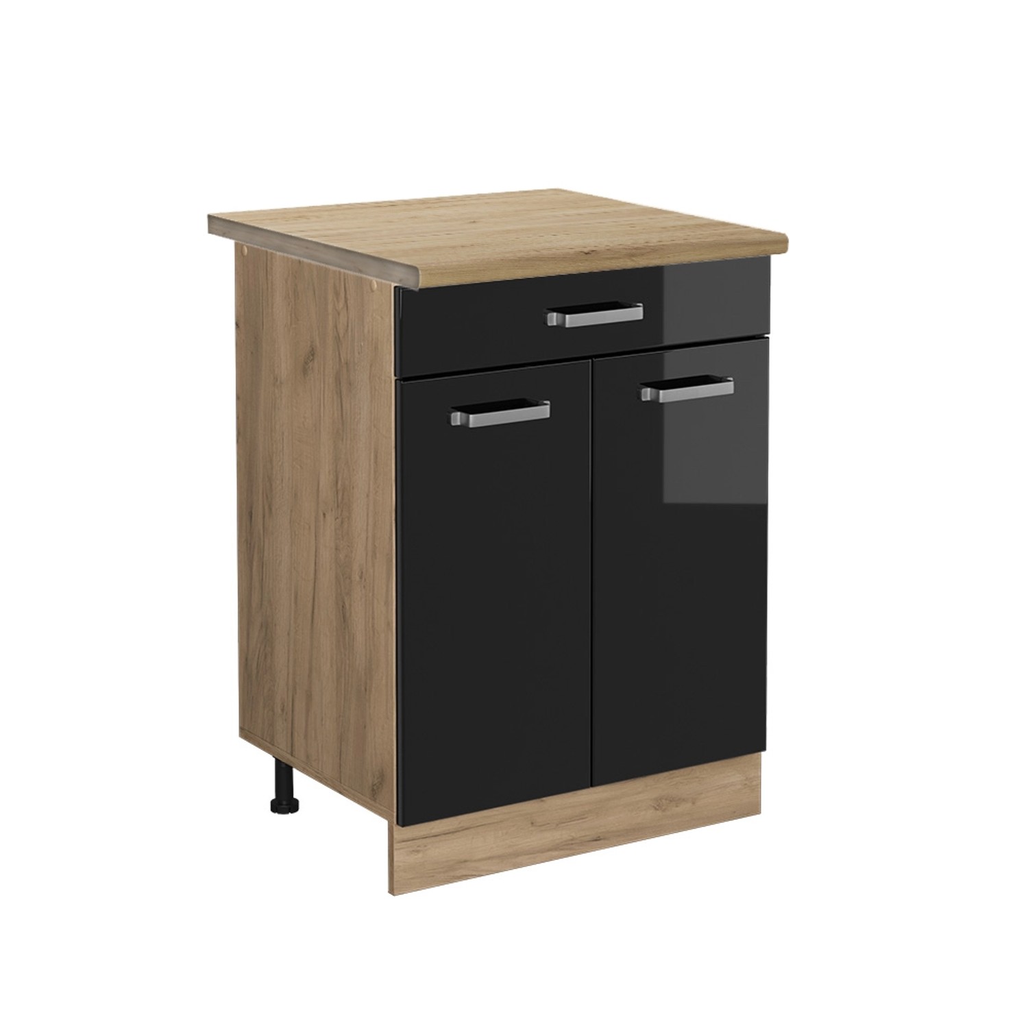 Vicco Küchenunterschrank R-Line Schwarz Hochglanz/Goldkraft Eiche 60 cm mit Schublade AP Eiche