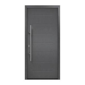 EcoStar Haustür Isopro IP 015, Anthrazitmetallic, mit Edelstahlgriff. Geschlossenes Modell mit Quersicken.