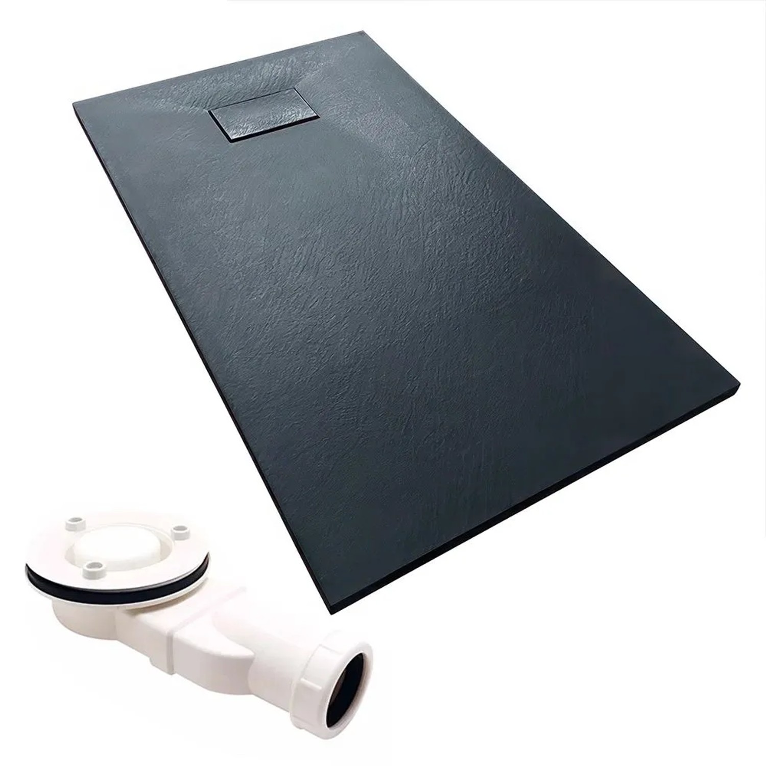 KOLMAN Duschwanne Rechteckig 100 x 80 x 3.2 Cm Verbundwerkstoff Schwarz Steinoptik Inkl. Ablaufgarnitur