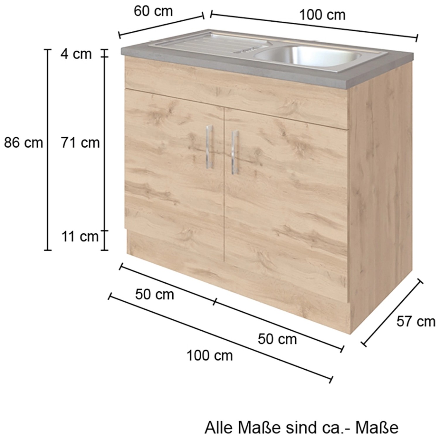 Held Möbel Spülenschrank Sorrento, 100x85x60 cm, 2 Türen, Weiß-Wotaneiche Dekor.