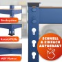 Detailansicht: Blaues KARAT Schwerlastregal Rhino mit Stecksystem, MDF-Platten und Kunststofffüßen.
