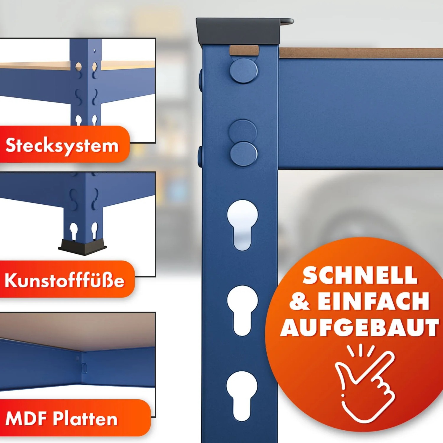 Detailansicht: Blaues KARAT Schwerlastregal Rhino mit Stecksystem, MDF-Platten und Kunststofffüßen.