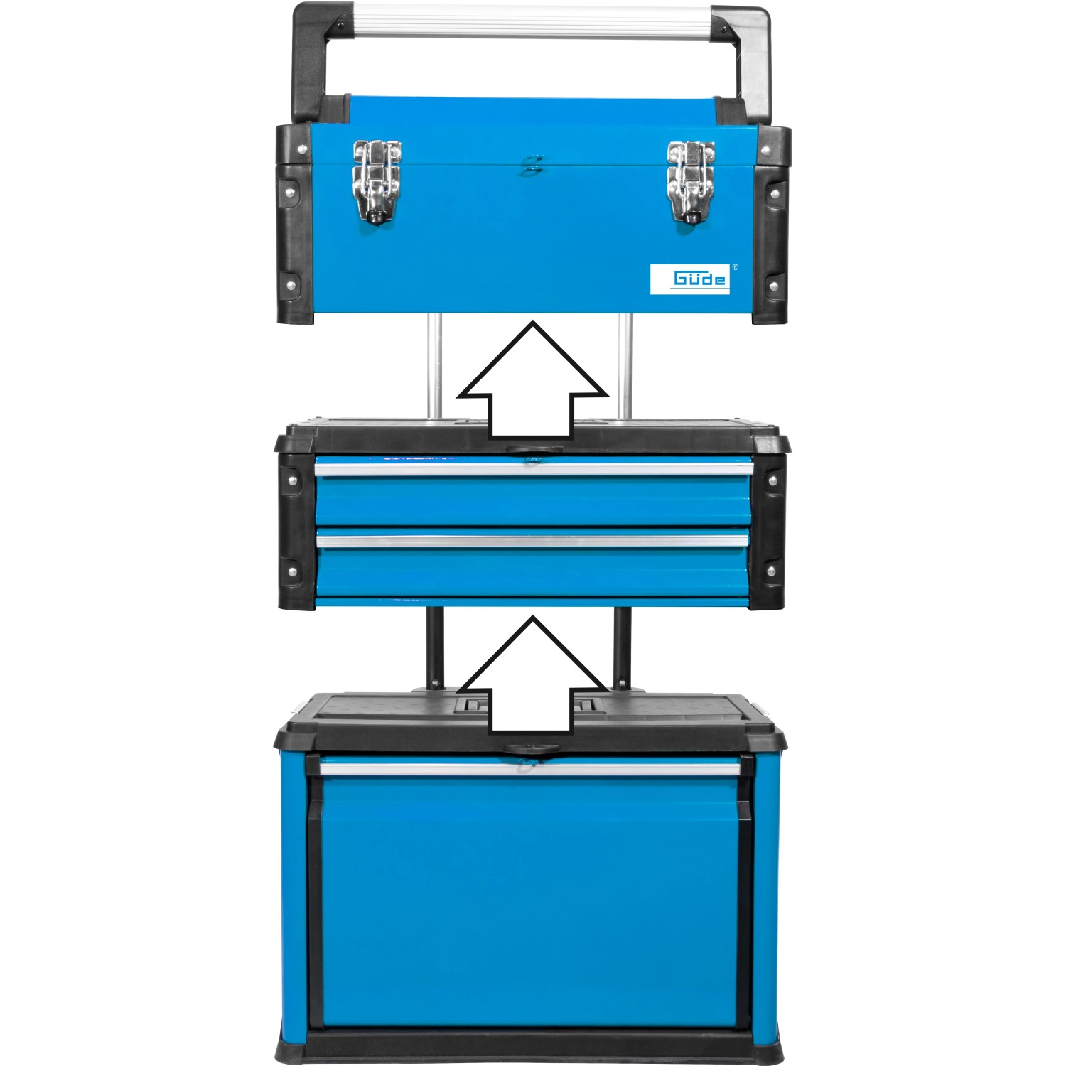 Blauer Güde Werkzeugtrolley GWZT 2/1: Werkstattwagen mit Koffer, Schubladen und Kippfach.