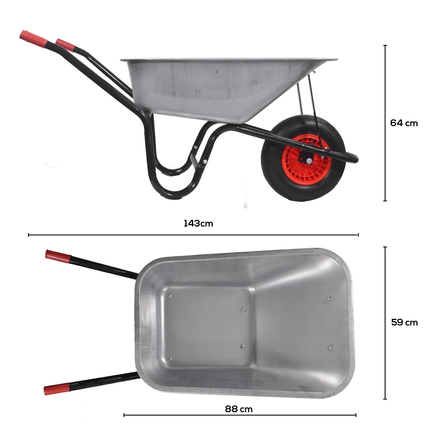 Garmio Schubkarre, 85 Liter, verzinkte Mulde, mit Gummi-Luftreifen und roter Felge. Ideal für Garten und Bau.