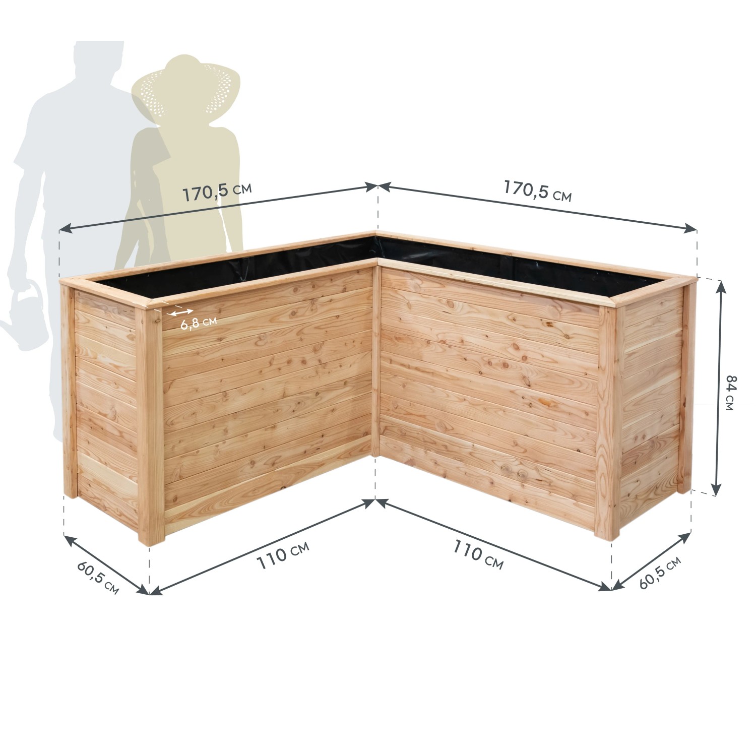 Westmann Holz-Eckhochbeet Klassik L 170, naturbelassenes Lärchenholz mit Maßangaben.