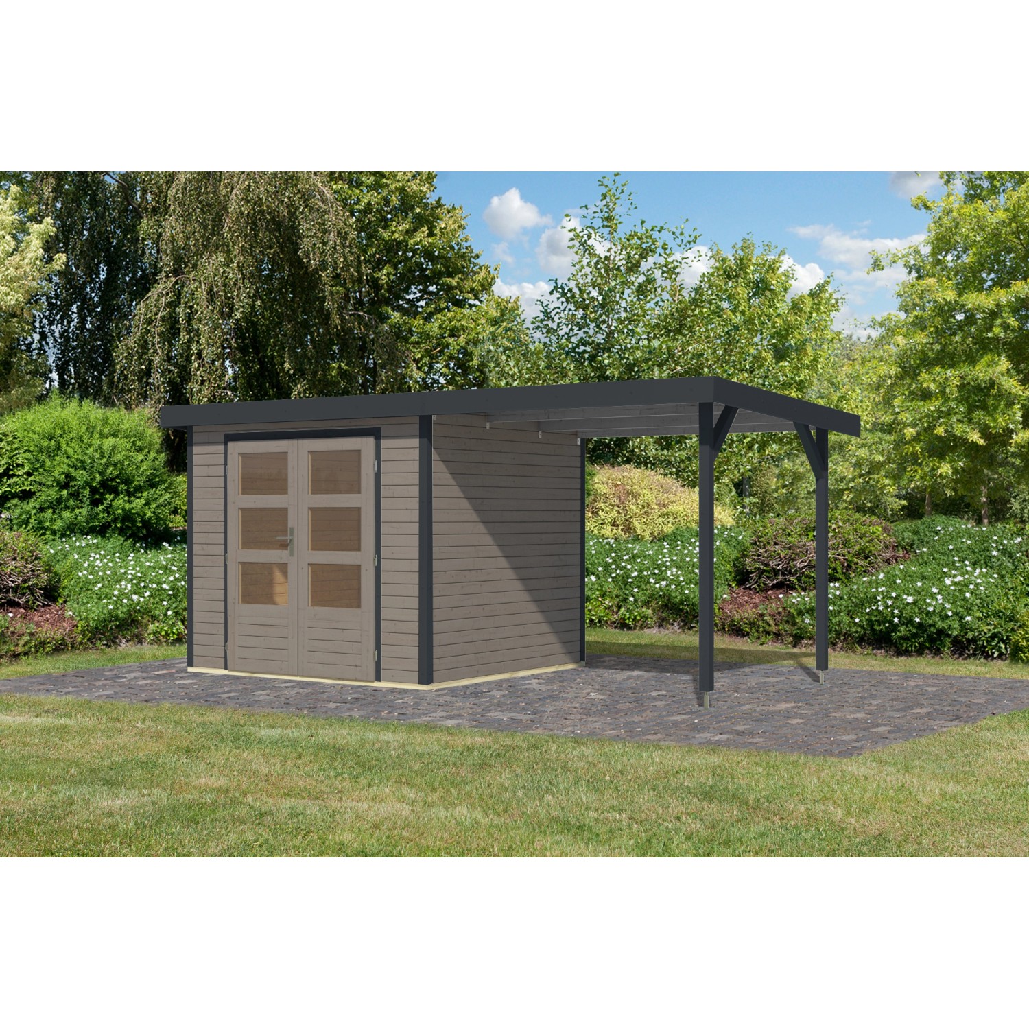 Karibu Gartenhaus Ernesto 3 D Anbaudach Wassergrau/Anthrazit 209 x 238 x 21 günstig online kaufen