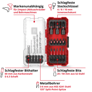Einhell Impact-Bit-Set 18-tlg. in transparenter Box mit Metallbohrern, Bits, Steckschlüsseln und Bithalter für Bohr- & Schraubarbeiten.