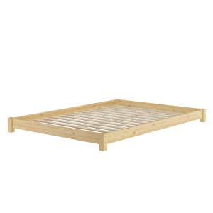 Flaches Futon-Doppelbett 140x200 cm aus Kiefernholz mit Rollrost. Natur lackiertes Bodenbett.