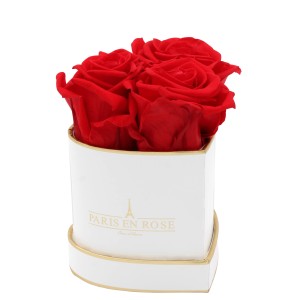 Rosenbox Herz Weiß-Gold mit 3 roten Rosen. Romantischer Blumenstrauß als Geschenk.
