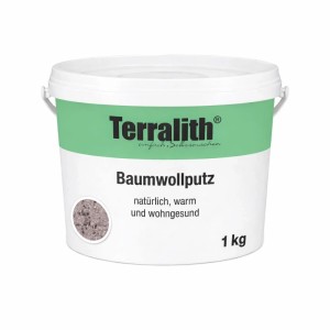Terralith Baumwollputz Flüssigtapete, 1 kg Eimer mit grün-weißem Etikett und Texturprobe.
