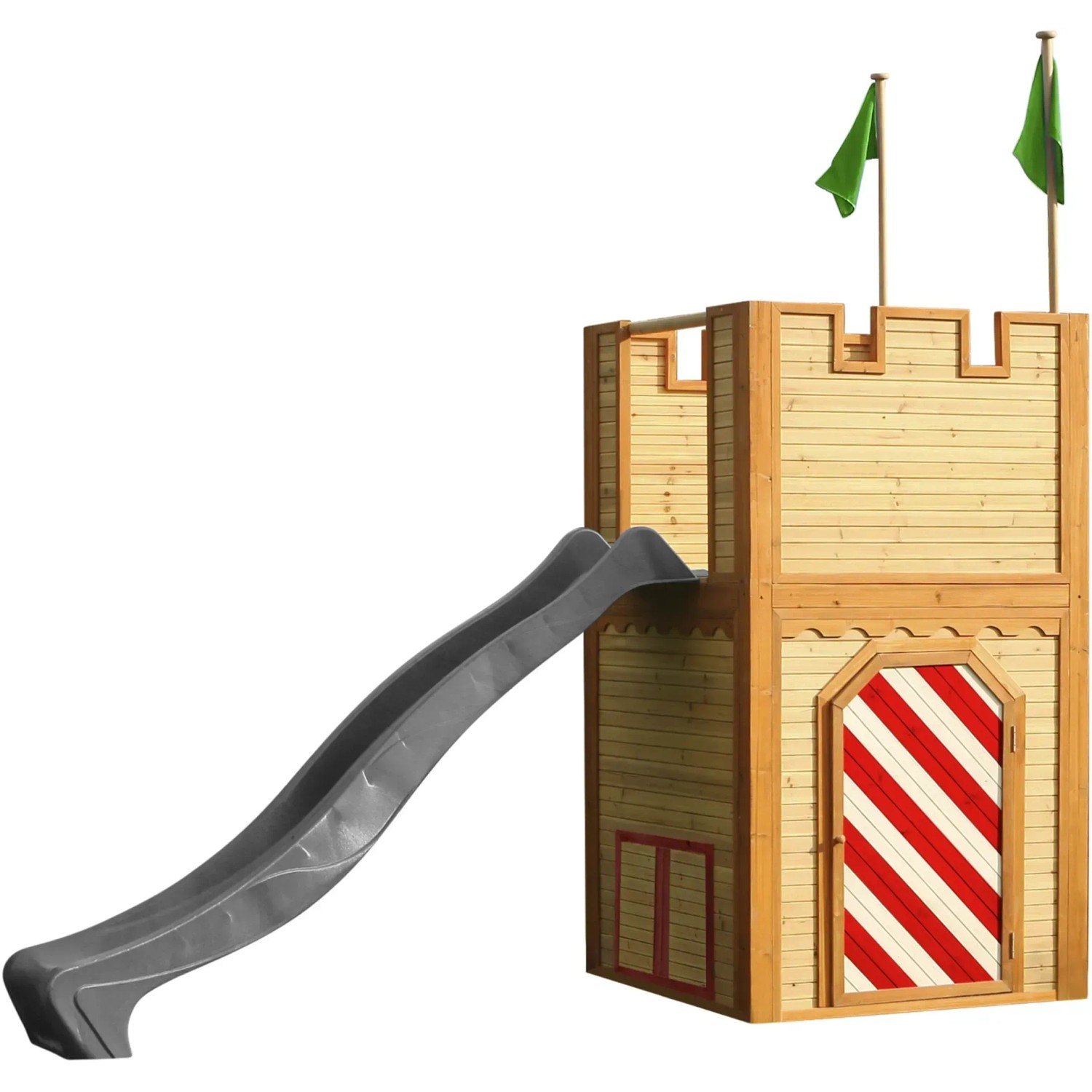 Axi Spielhaus Arthur mit Rutsche: Braun-rotes Holzspielhaus im Ritterburg-Design mit grauer Rutsche.