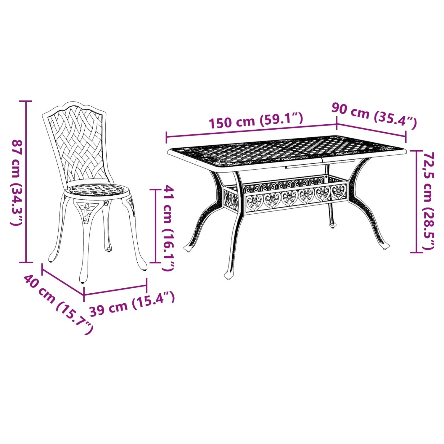 vidaXL Garten-Essgruppe, 5-teilig, weißes Aluminiumguss-Set mit Tisch und Stuhl, Maße eingezeichnet.