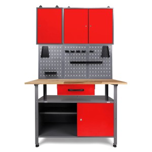 Ondis24 Werkbank Set Klaus, 120 cm, mit roten Schränken und Lochwand für die Werkstatt.