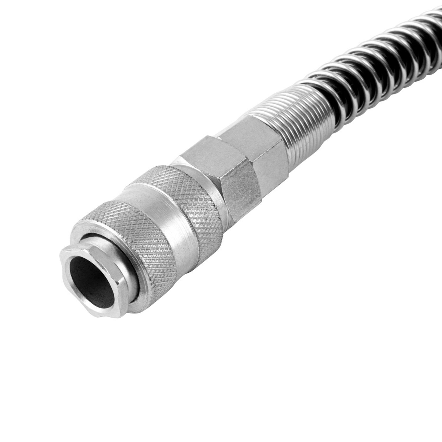 Detailaufnahme: STAHLWERK Druckluftschlauch 20m mit Schnellkupplung und Knickschutzfeder.