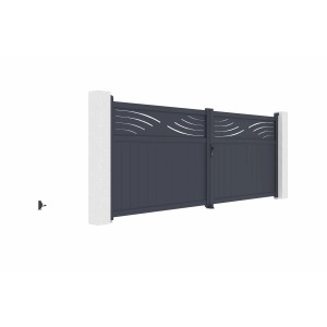 Casanoov Doppelflügeltor aus Aluminium, 4 m breit, grau, mit dekorativen Ausschnitten.