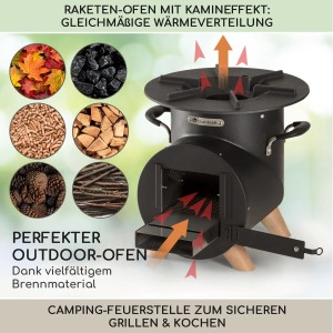 Blumfeldt Oshima Raketenofen, Campingofen aus Stahl, schwarz. Ideal zum Kochen im Freien.