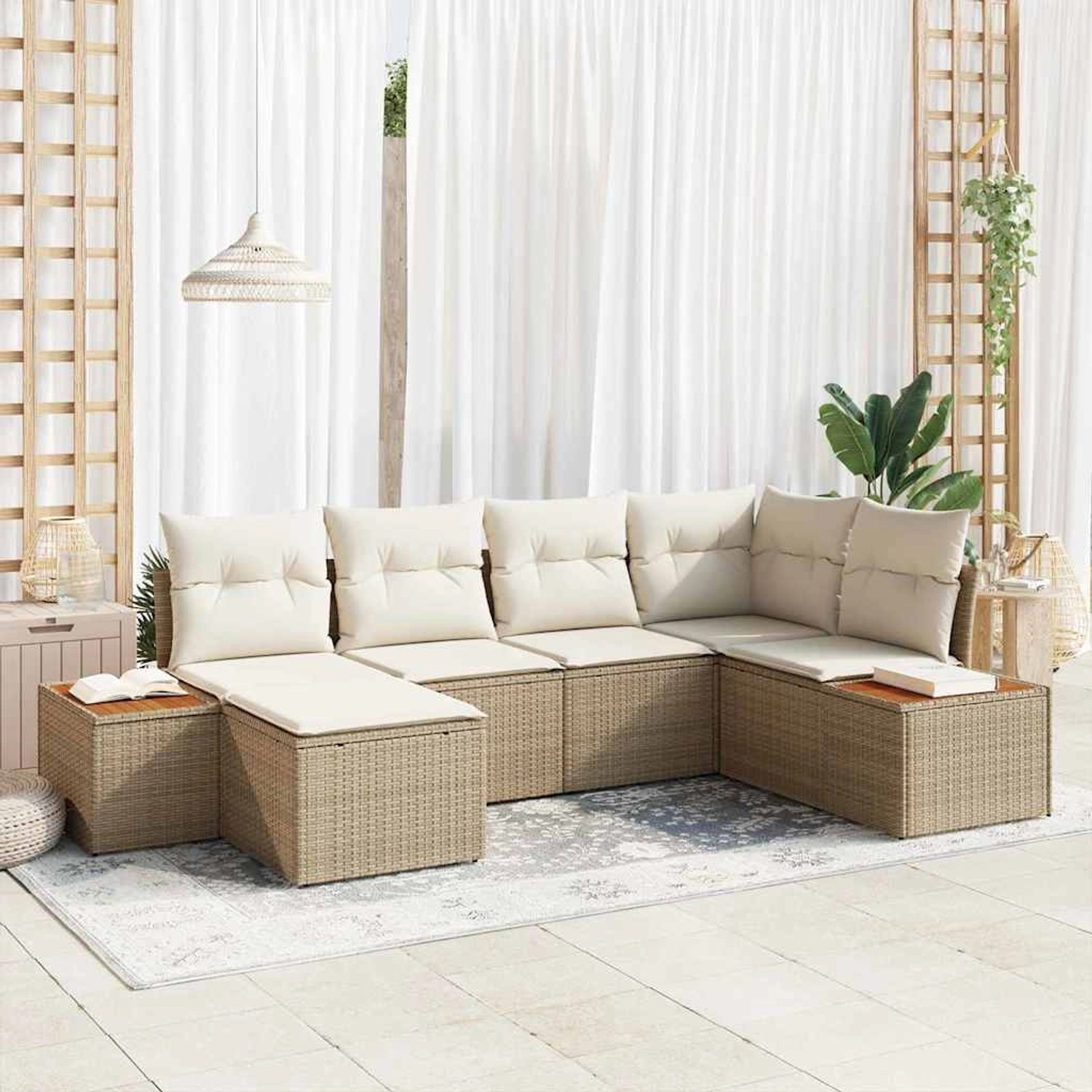 vidaXL Garten-Sofa-Set mit Kissen 6-Tlg Beige Poly Rattan 3348122 günstig online kaufen