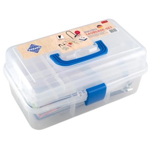 Pebaro Laubsäge-Set mit Werkzeug und Bohrmaschine im transparenten Kunststoffkoffer.
