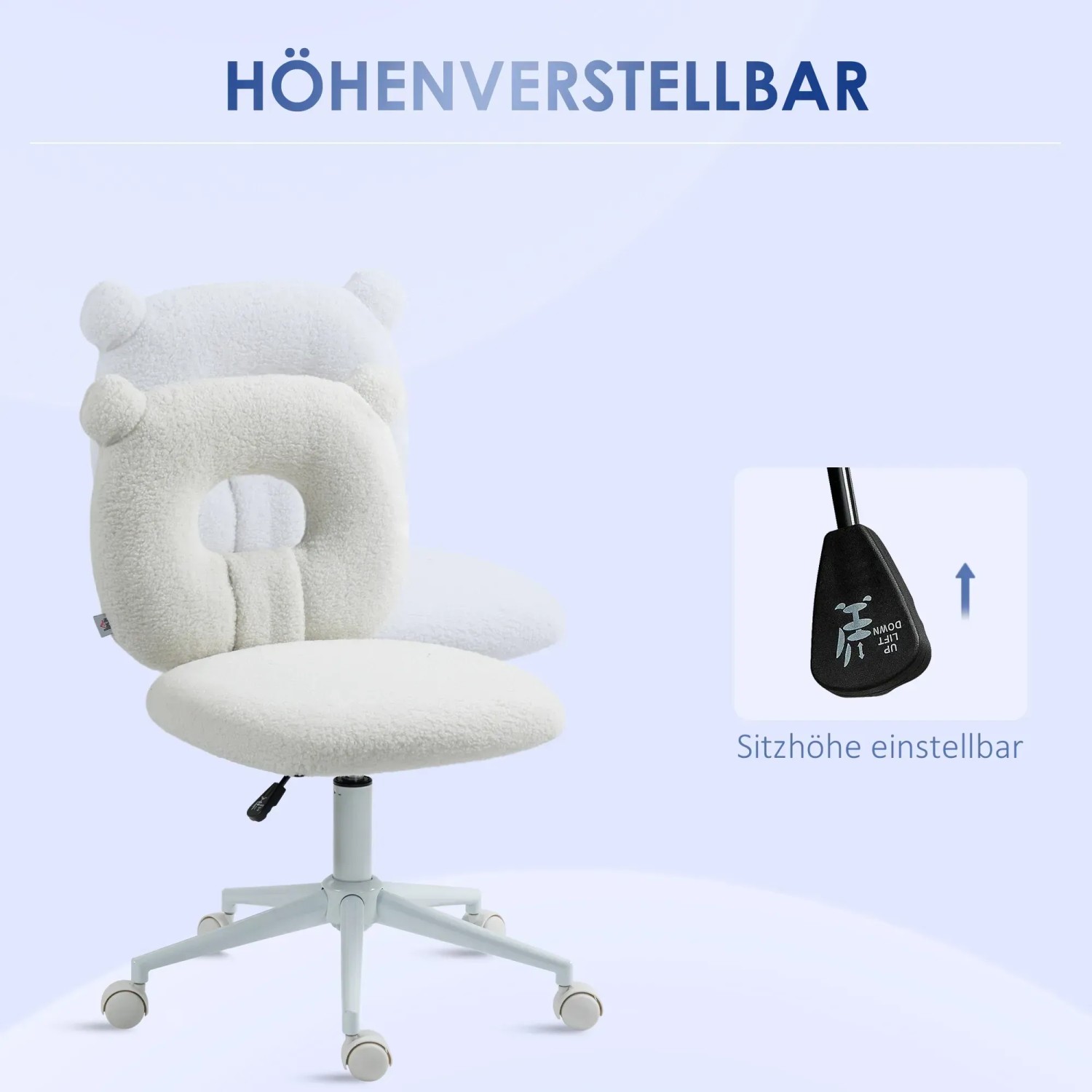Weißer HOMCOM Bürostuhl mit Teddy-Vlies Bezug und Höhenverstellung.