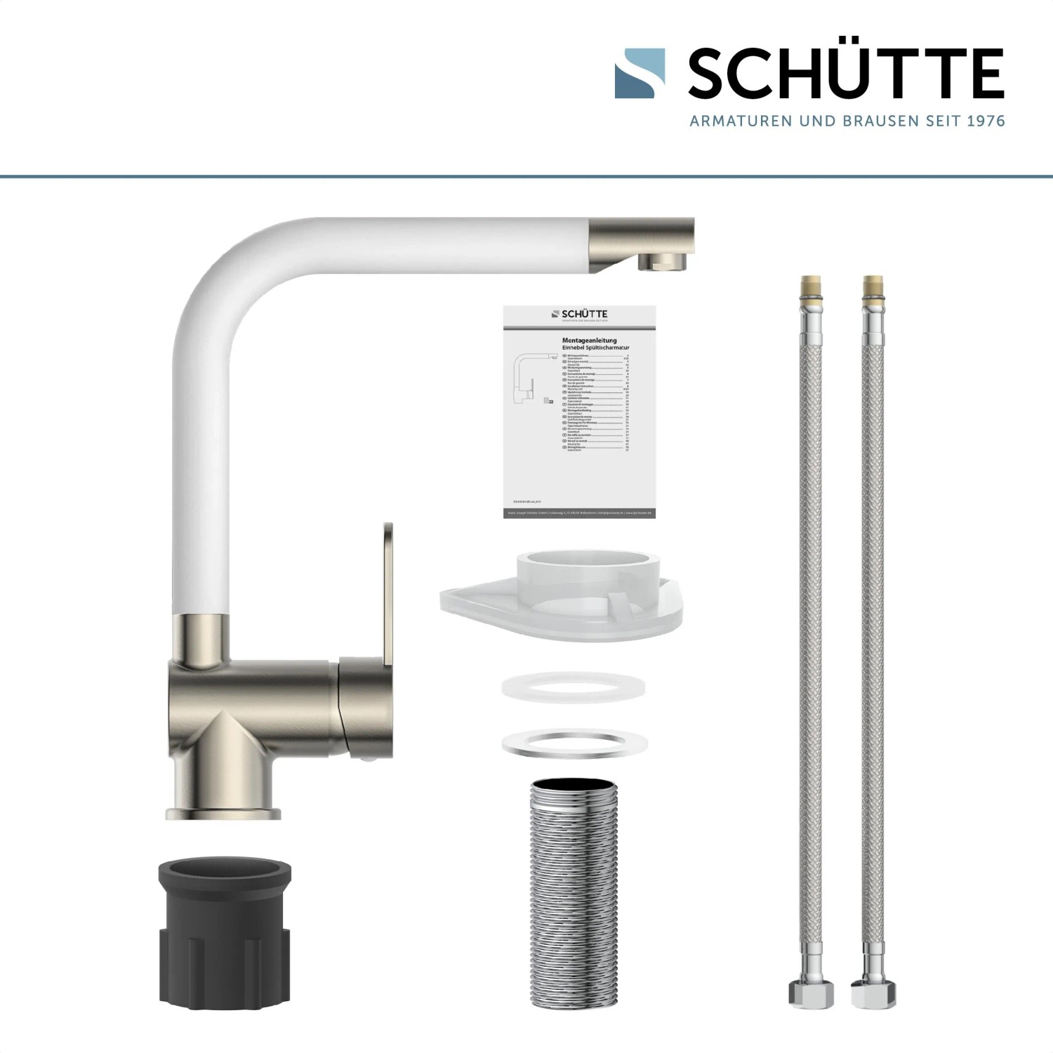 Schütte Küchenarmatur Rio in Edelstahloptik-Weiß mit Zubehör, wie Flexschläuche und Montageset.