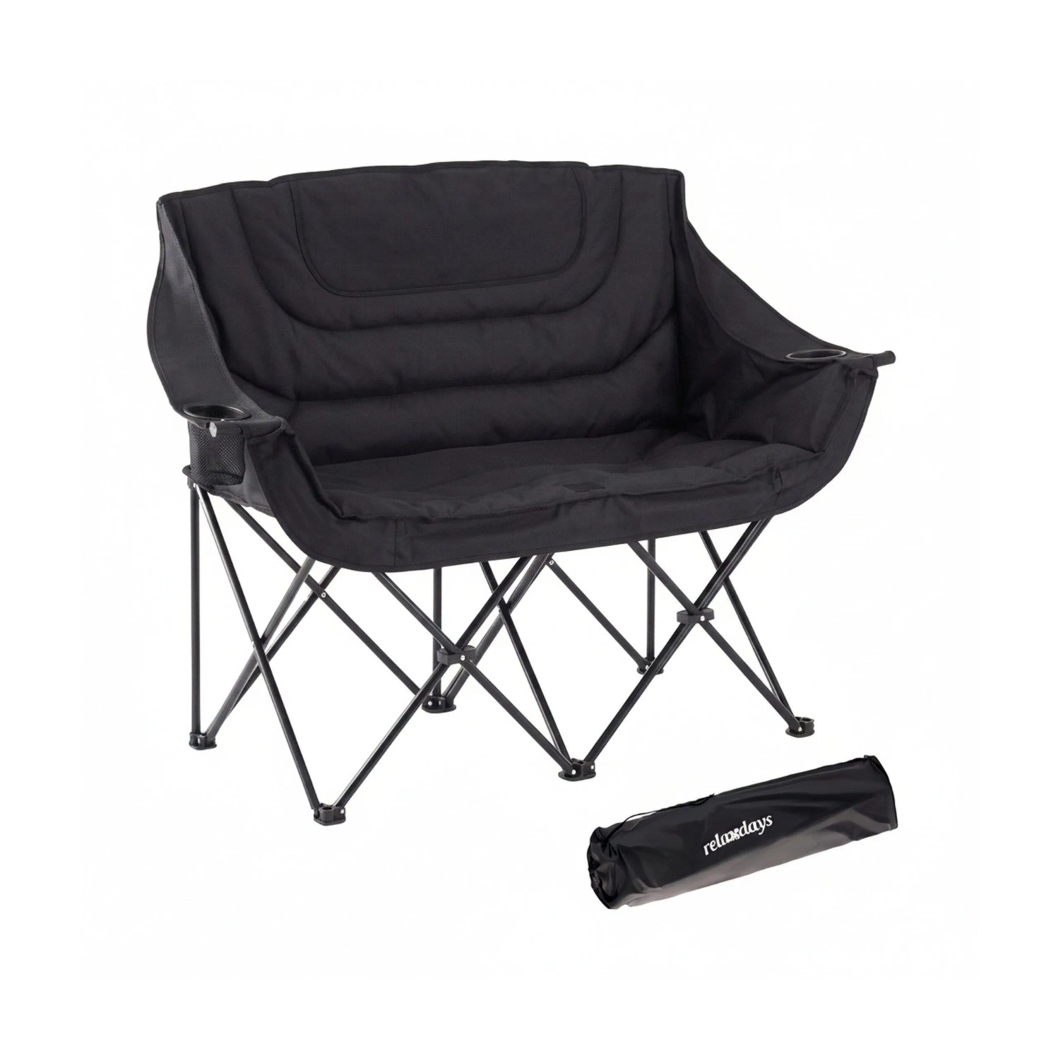 Relaxdays Campingbank Stahl Polyester Schwarz Faltbar Gepolstert Mit Armlehnen Mit Getränkehalter für 2 Personen 95 cm x 139 cm x 53 cm