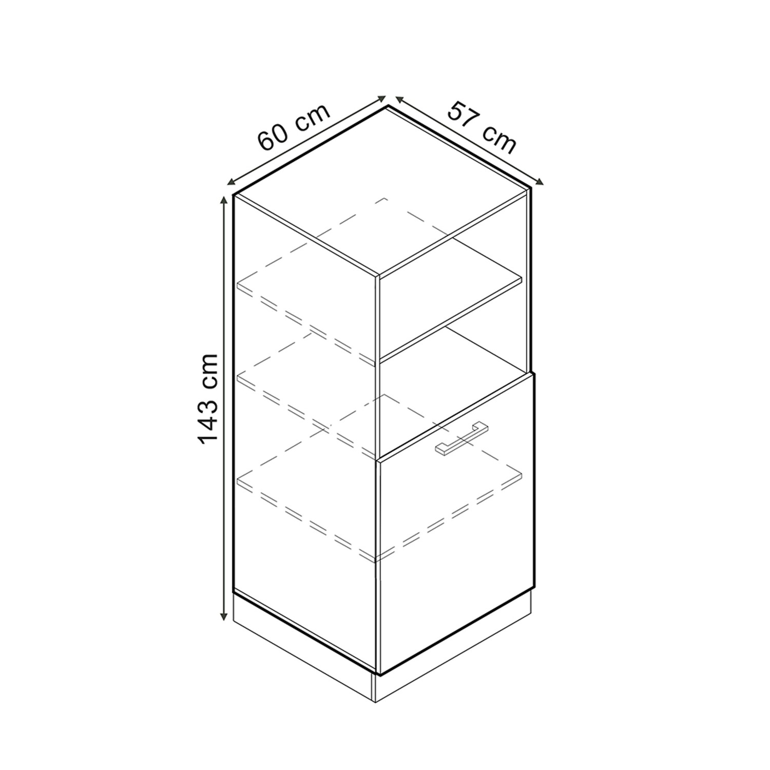 Skizze: Vicco Herdumbauschrank R-Line, 60 cm, Schwarz Hochglanz/Goldkraft Eiche, Küchenschrank mit Maßen.