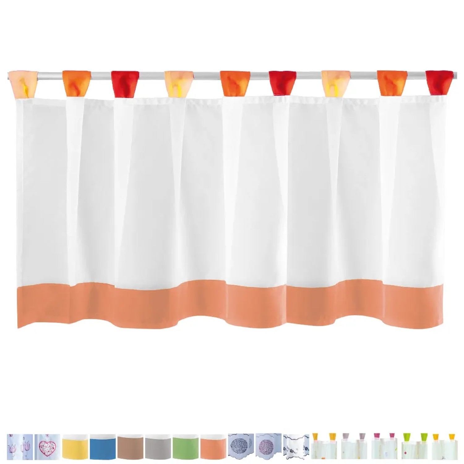 Orange-rote Bistrogardine (150x45 cm) mit Schlaufen für Küchenfenster.