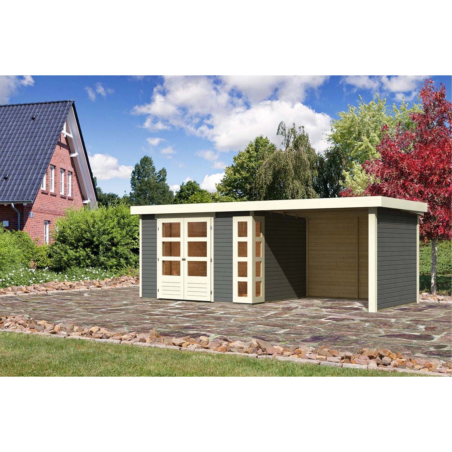 Karibu Holz-Gartenhaus Sölve Terragrau Flachdach Lackiert 298 cm x 242 cm günstig online kaufen