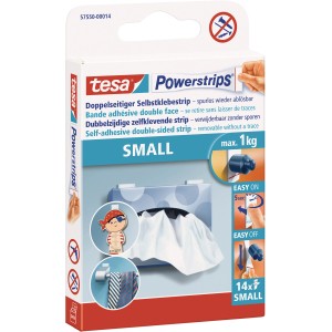 Verpackung Tesa Powerstrips Small, 14 Stück, zum rückstandsfreien Ablösen von Objekten bis 0,75kg.