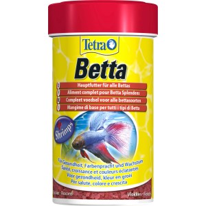 Tetra Betta Flockenfutter im gelben Behälter mit rotem Deckel, ideal für Kampffische.