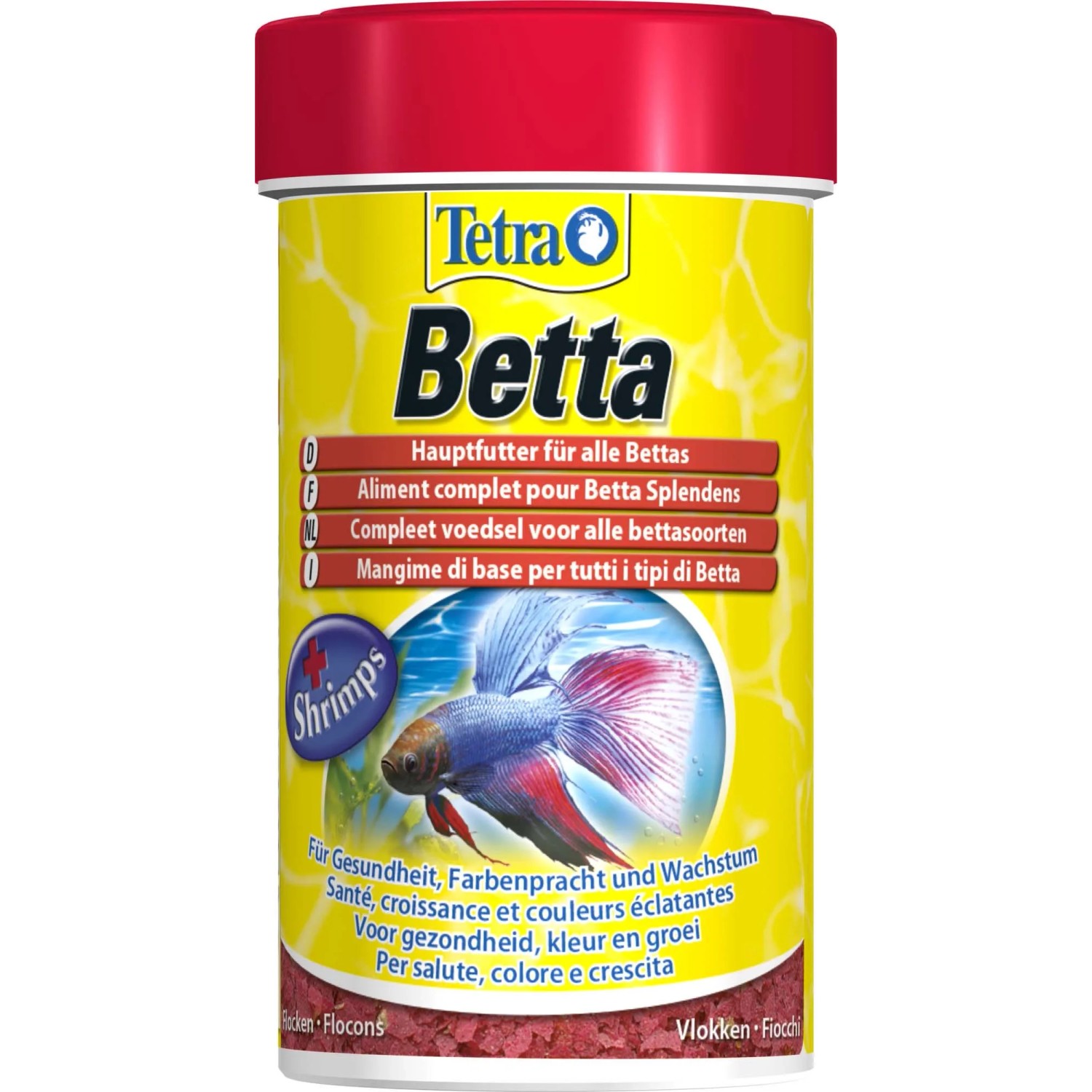 Tetra Betta Flockenfutter im gelben Behälter mit rotem Deckel, ideal für Kampffische.