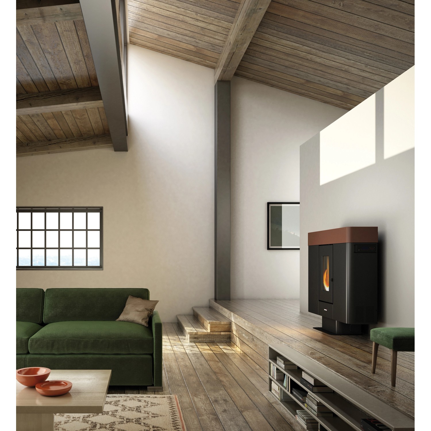 Freepoint Pelletofen Moon, Stahl Braun, 10 kW im modernen Wohnraum.